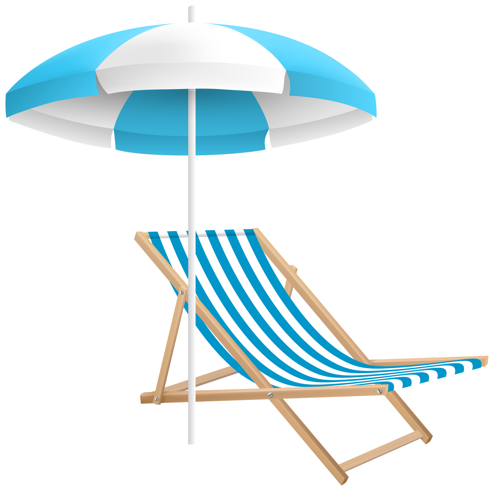 a blue and white beach chair under an umbrella