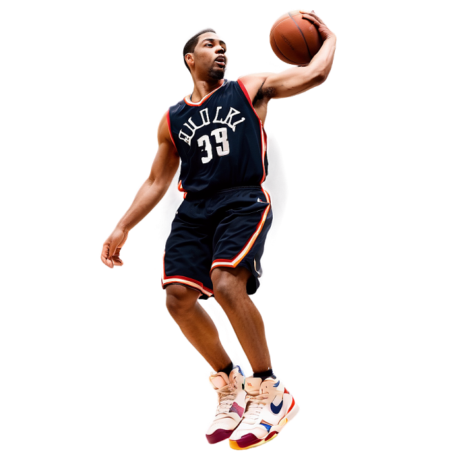 a basketball player jumping in the air with a ball