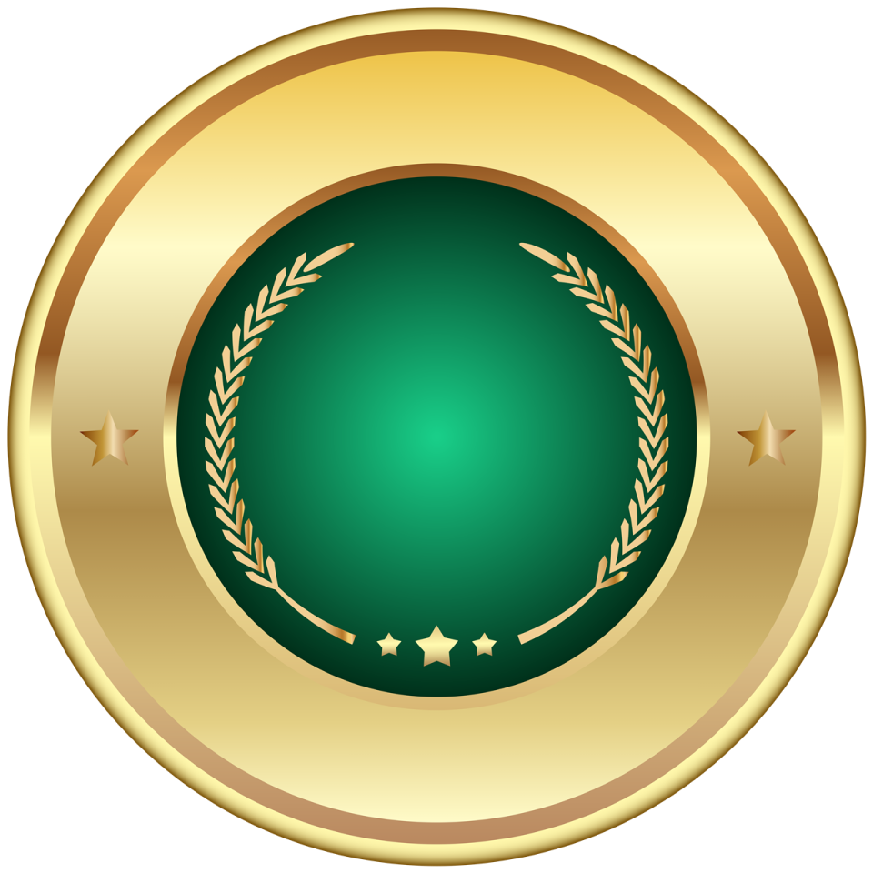 a gold medal with a green background