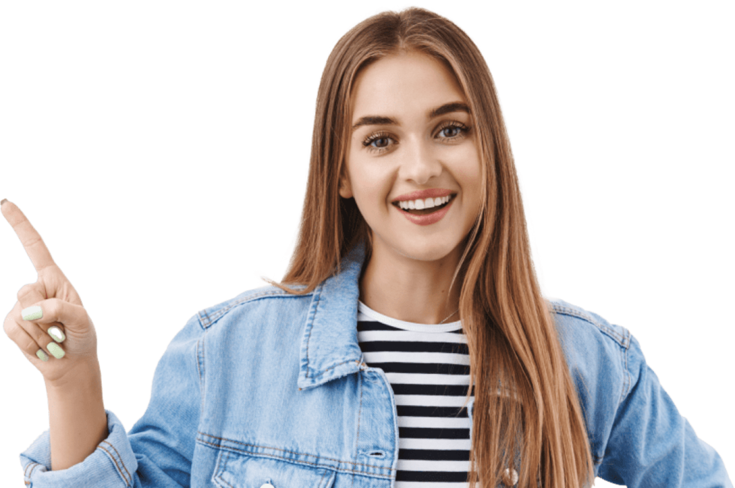 a young girl in a striped shirt and denim jacket pointing her finger at the camera