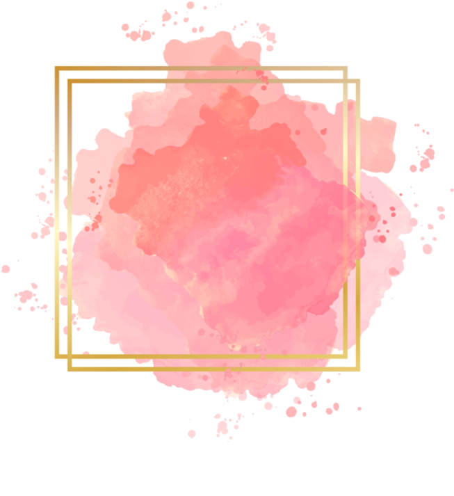 a pink watercolor background with a gold frame