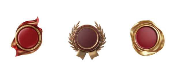a set of four badges with red and gold