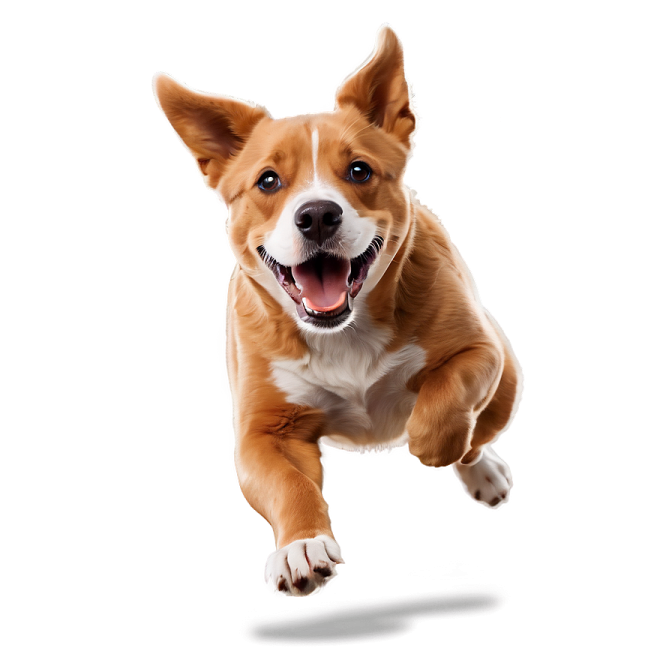 a brown and white dog jumping in the air