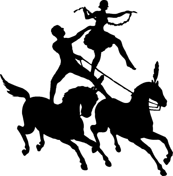 a black and white silhouette of two people riding horses