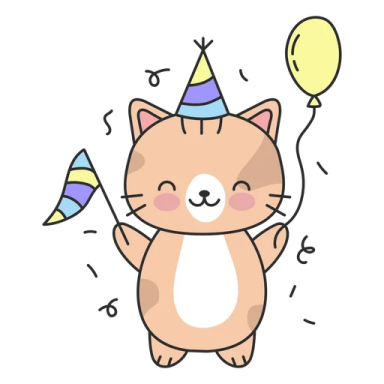 a cartoon cat with a party hat and balloons