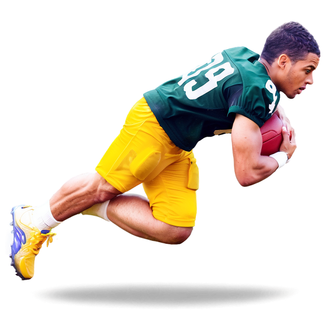 a man running with a football in his hand