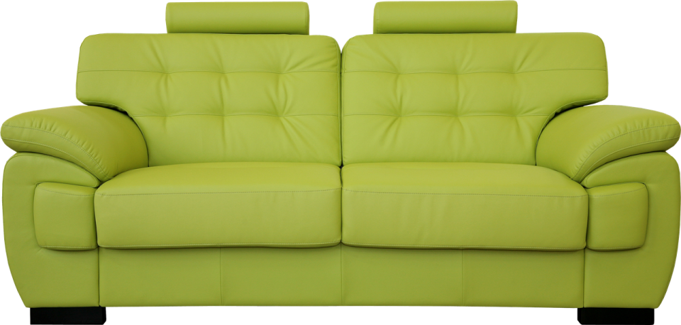 a green leather couch sitting on top of a white background
