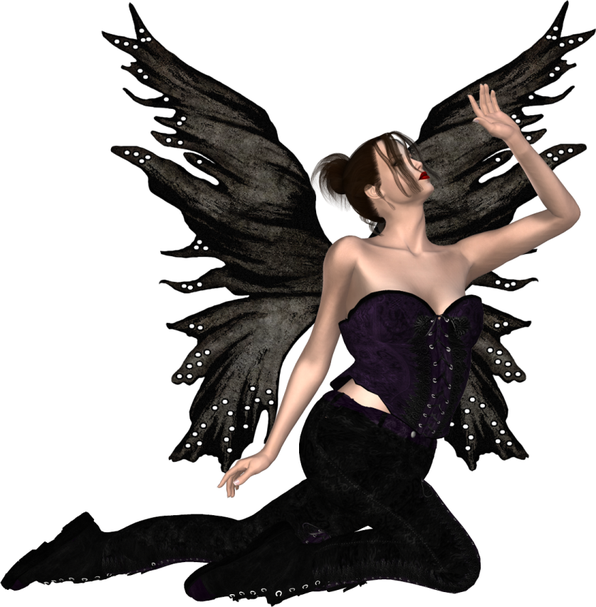 a woman in black and purple is sitting down