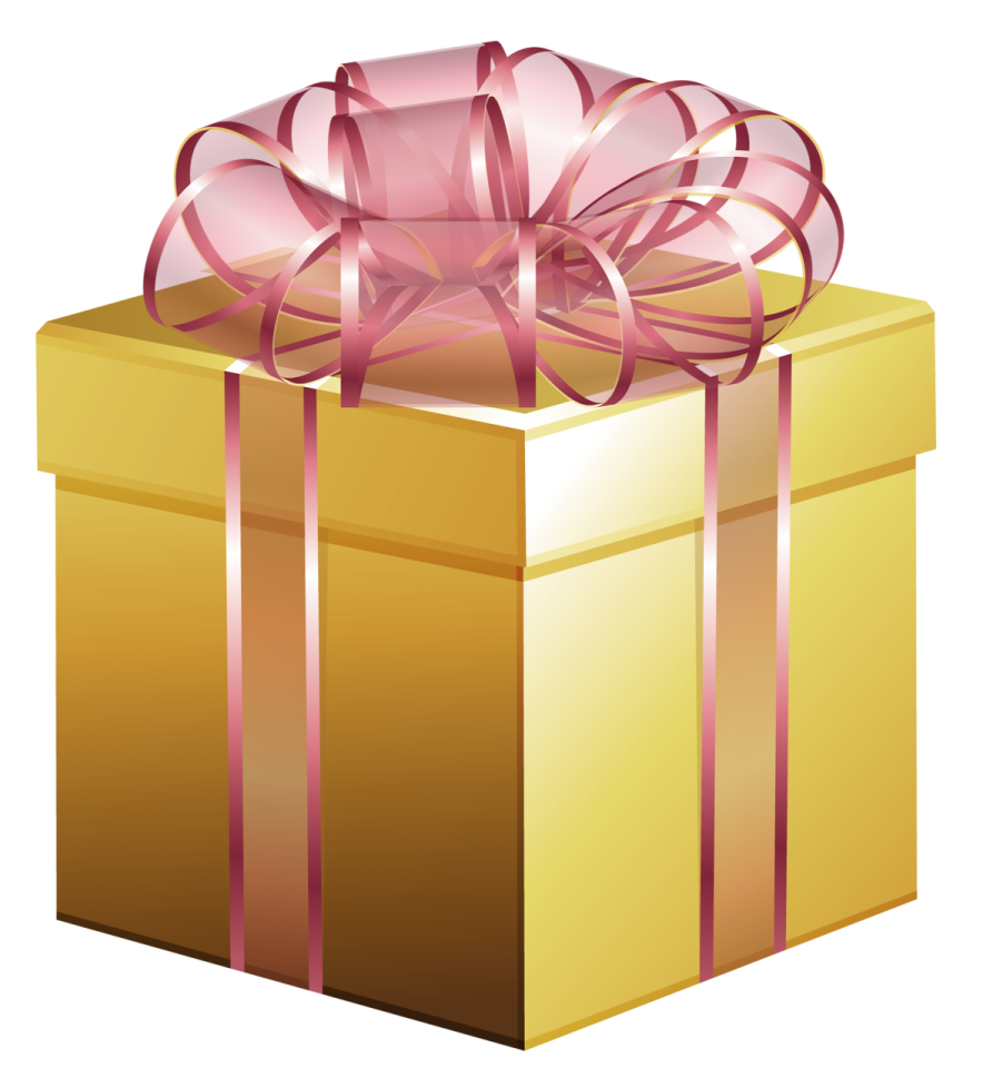 a gold gift box with a pink ribbon