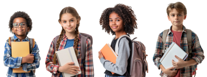 a group of children holding books and smiling