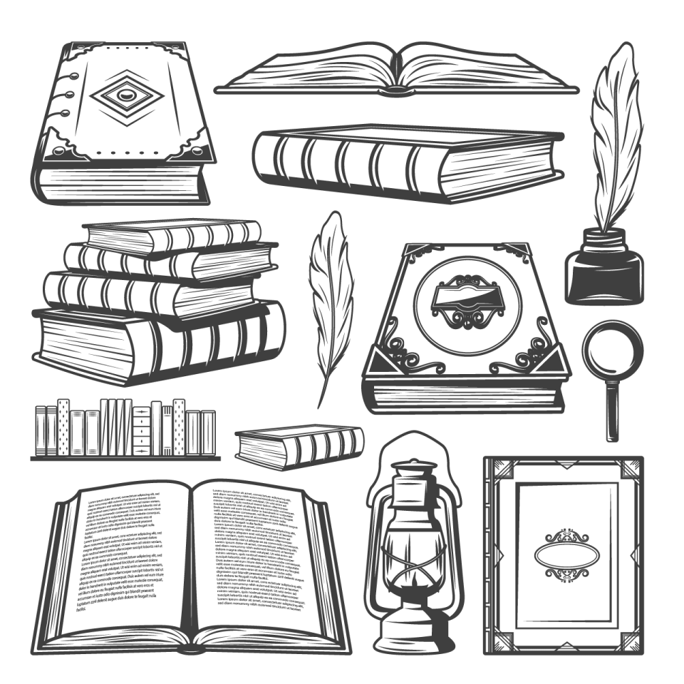 a set of books and other objects