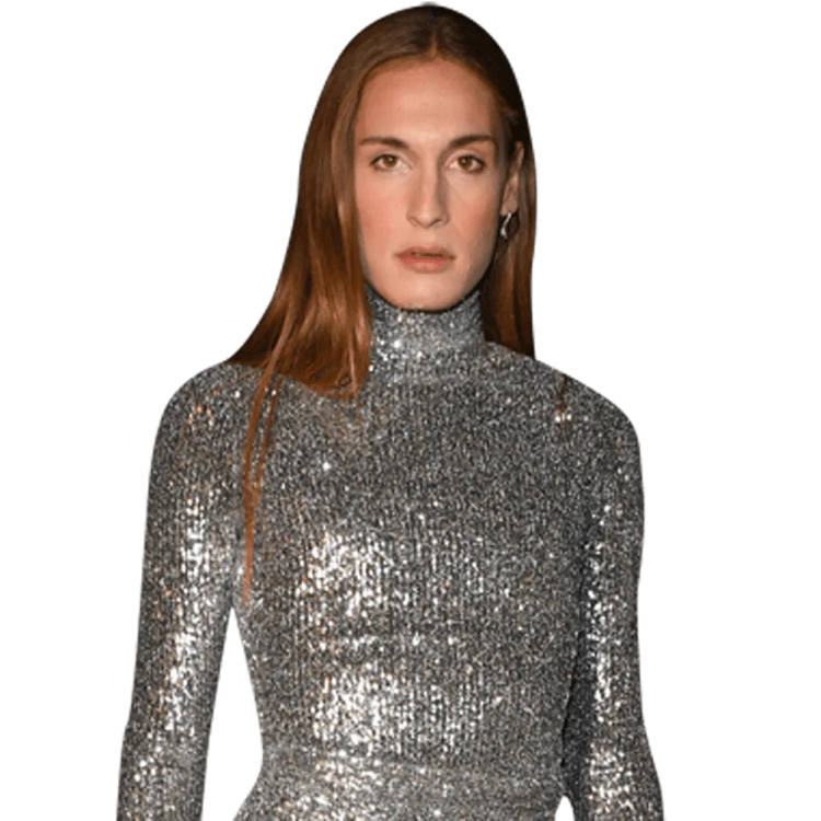 a woman wearing a silver dress with long sleeves