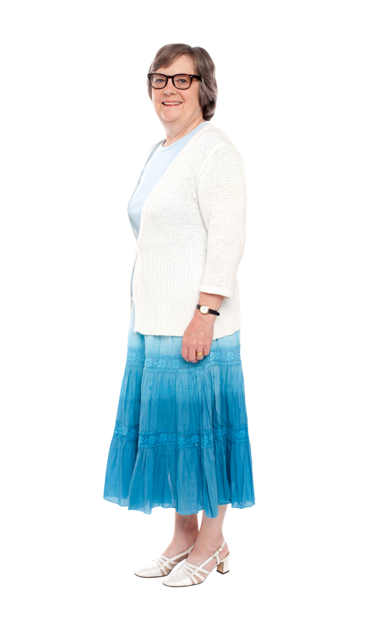 a woman in a white sweater and blue skirt
