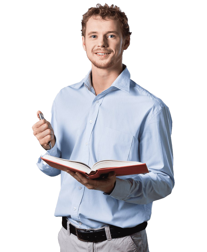 a man in a blue shirt holding a book