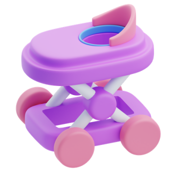 a purple and white baby walker with pink wheels