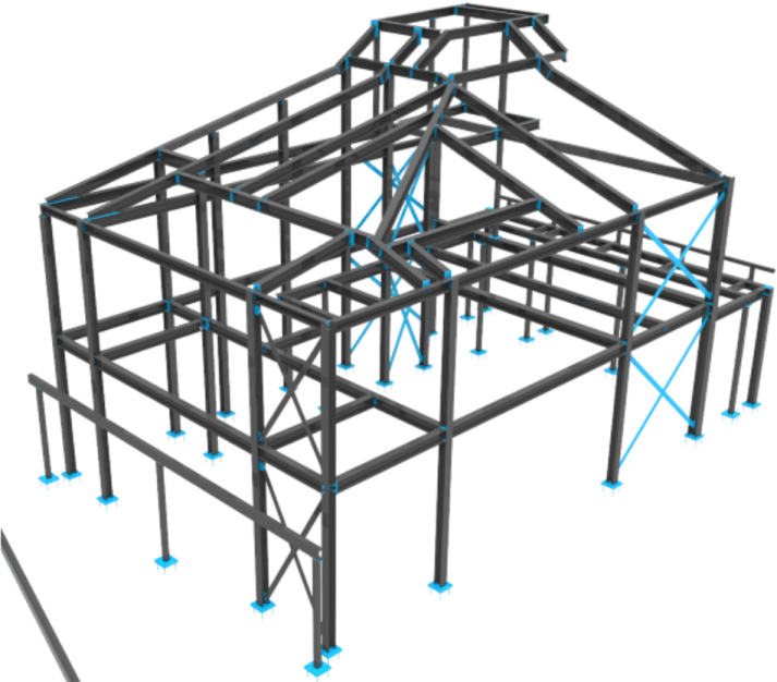a steel frame structure with blue lines