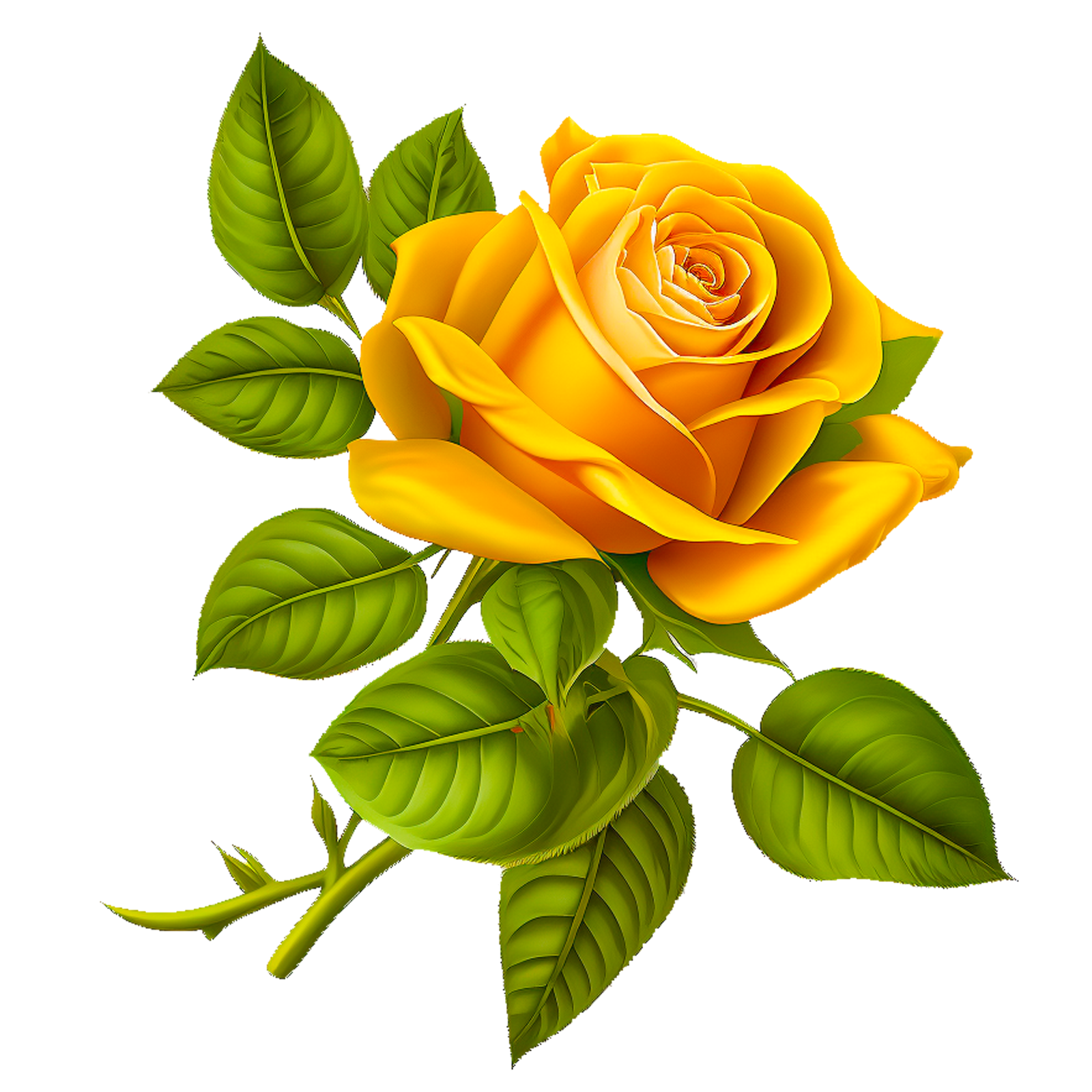 a yellow rose with green leaves