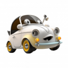 a cartoon car with a dog in the back