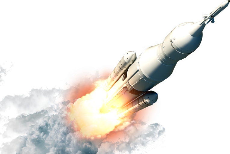 a rocket is flying through the clouds
