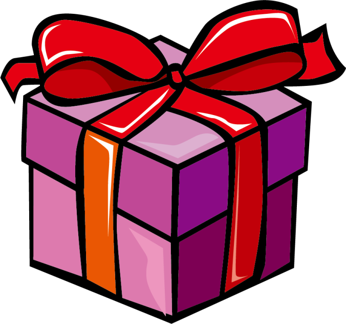 a purple gift box with a red bow