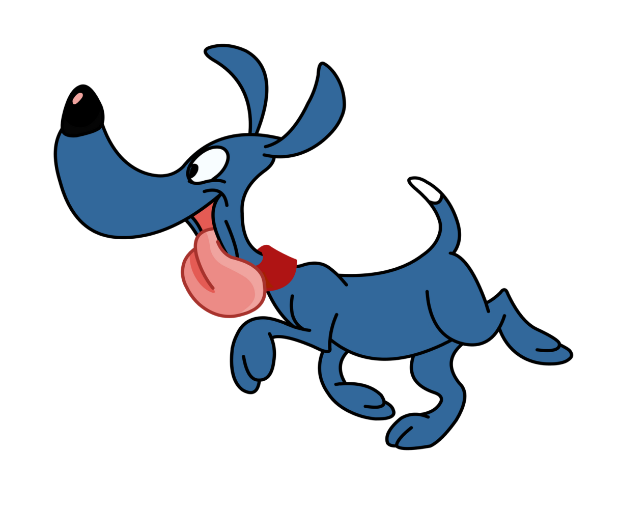a blue dog with a red heart in its mouth