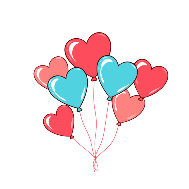 a bunch of red and blue heart balloons