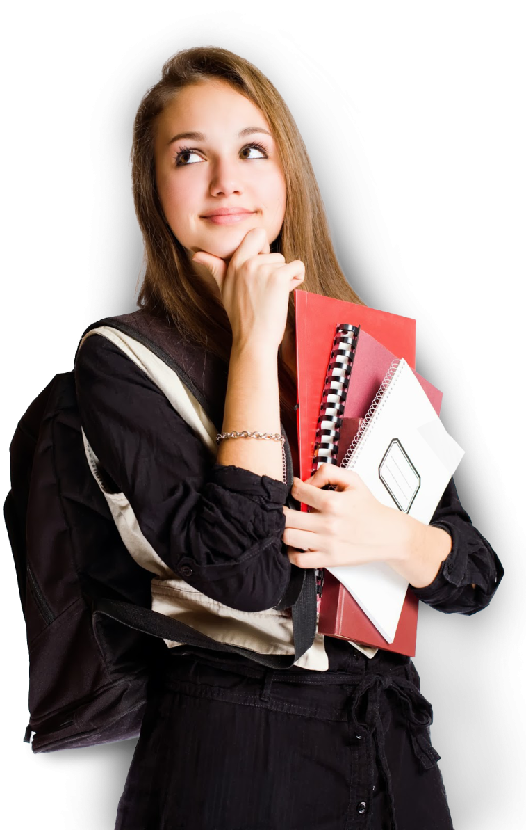 a young woman holding a notebook and looking at the camera
