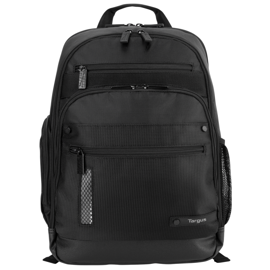 a black backpack with mesh detailing on the front