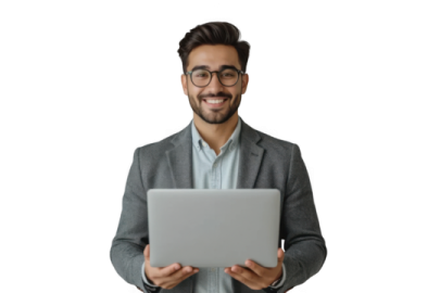 a man in a suit holding a laptop