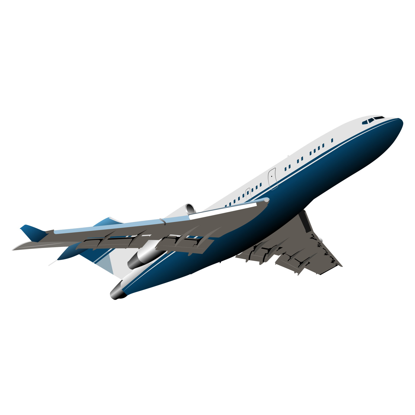 a blue and white airplane flying in the sky