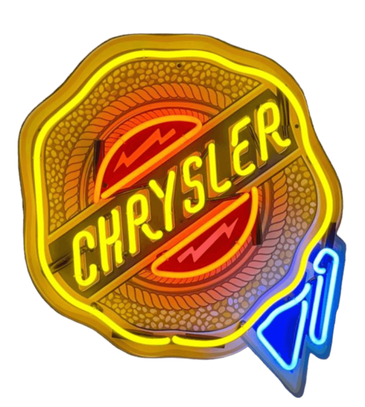 a neon sign with the word chrysler on it