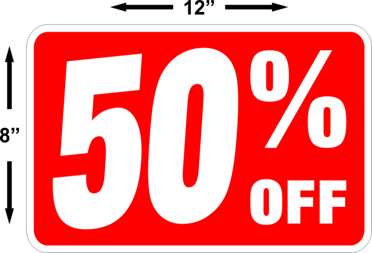 a red and white sign with the words 50 % off