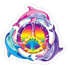 a sticker with two dolphins and a peace sign