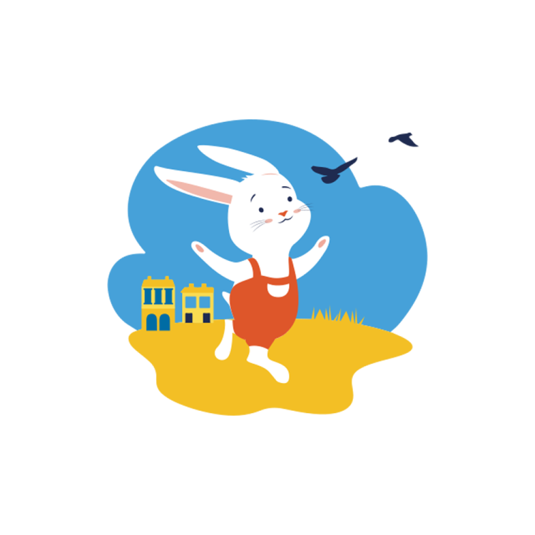 an illustration of a rabbit with a house in the background