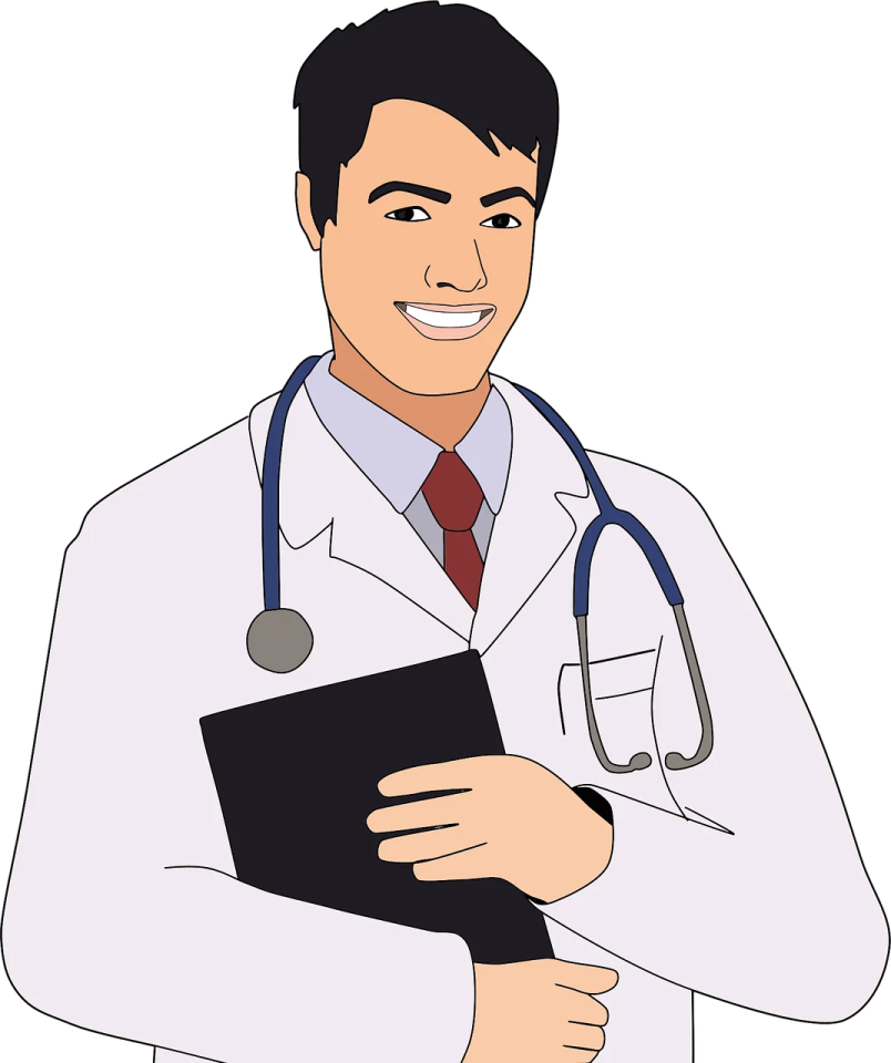 a man in a lab coat holding a clipboard