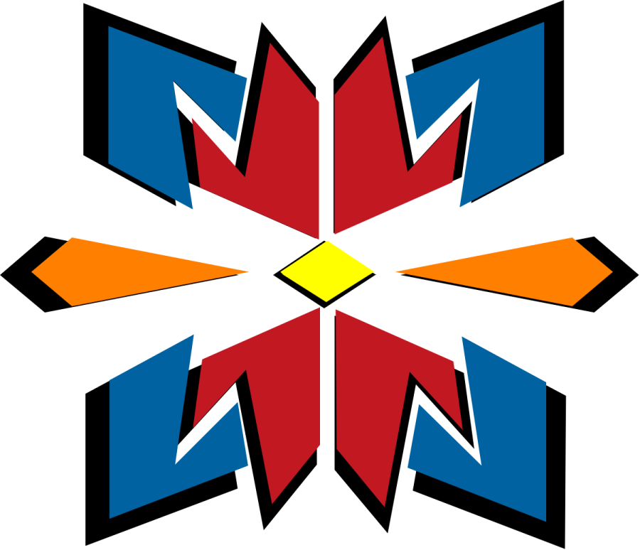 a red, white and blue logo with arrows in the middle