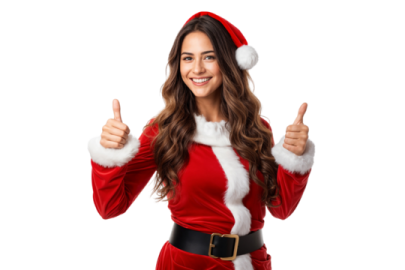 a woman in a santa costume giving the thumbs up