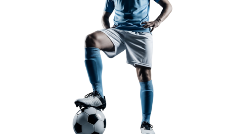 a man in blue and white soccer uniform kicking a soccer ball
