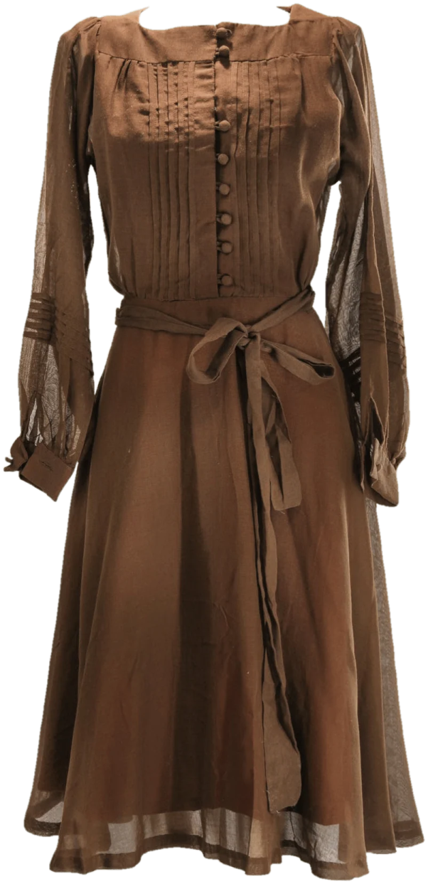 a brown dress with long sleeves and a belt