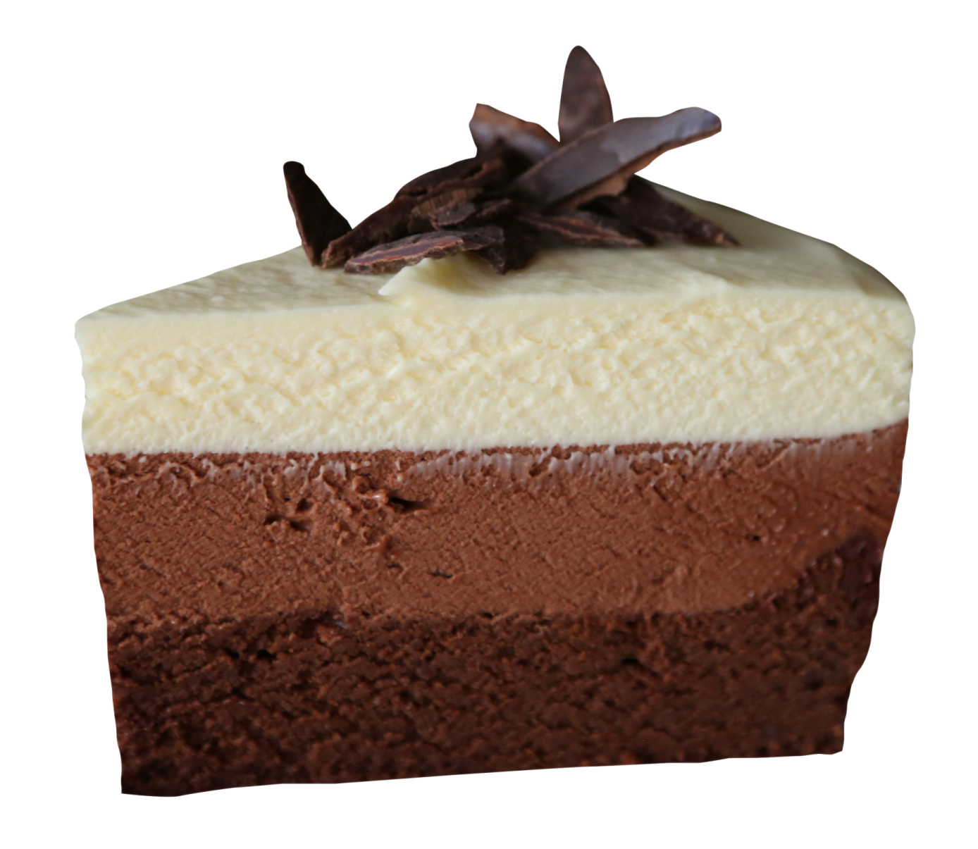 a piece of chocolate cake on a white background