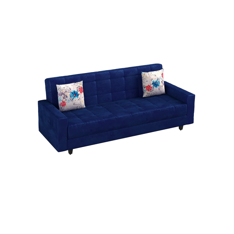 a blue couch with two pillows on it
