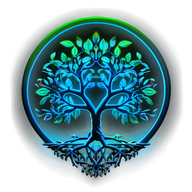 a glowing blue tree with green leaves