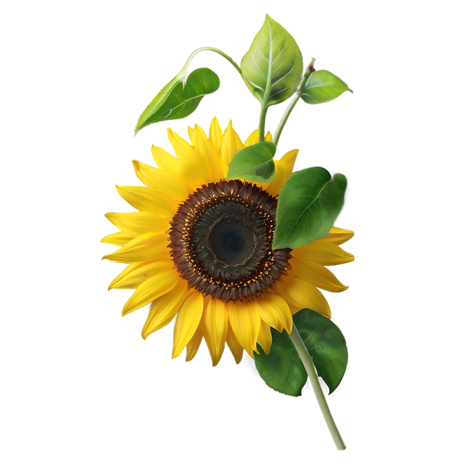 a yellow sunflower with green leaves on a white background