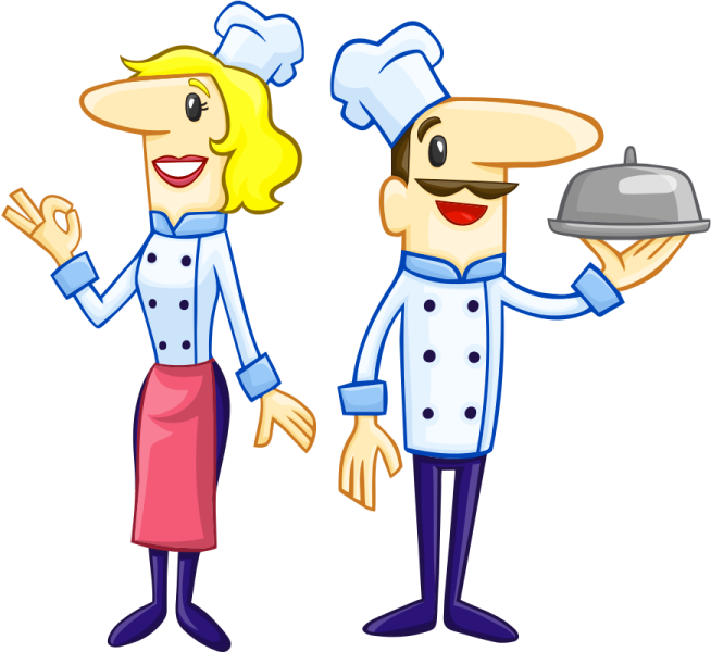 two cartoon chefs with a tray of food