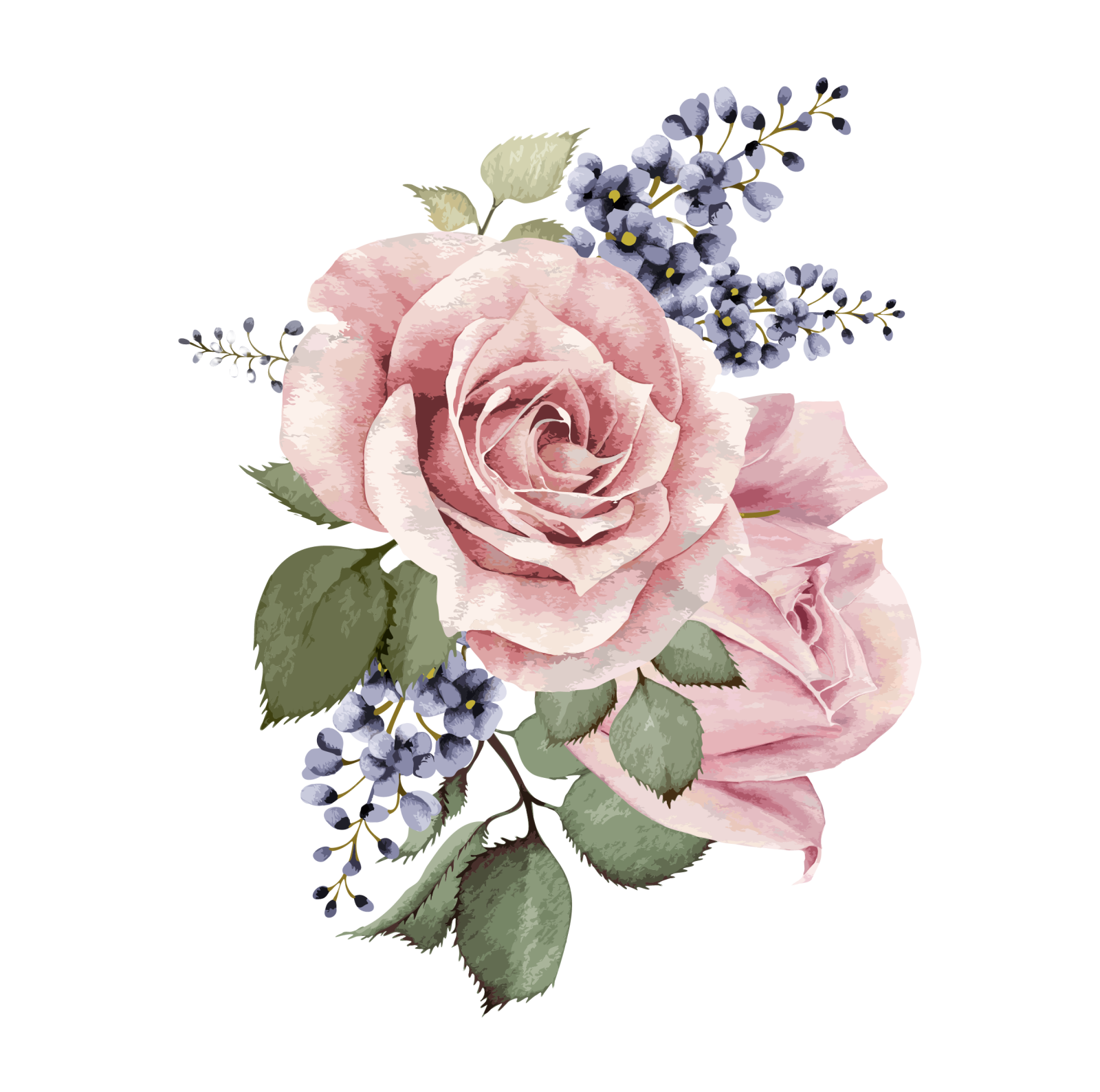 a pink rose and blue flowers on a white background