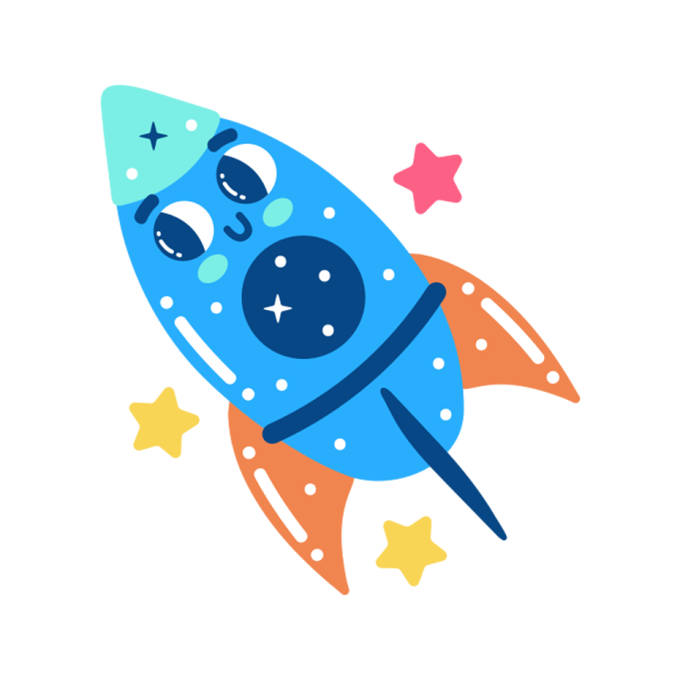 a blue and orange rocket with stars on it