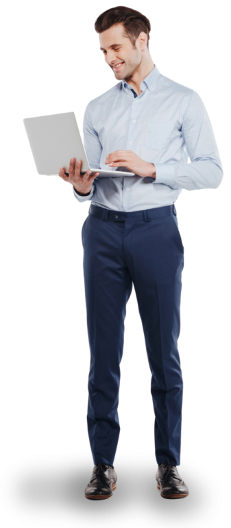 a man in a blue shirt holding a laptop