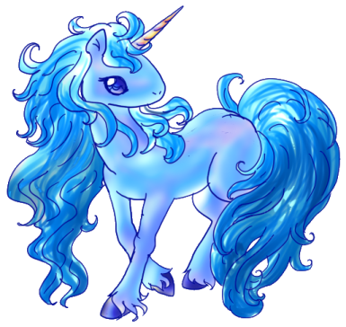 a drawing of a unicorn with blue hair