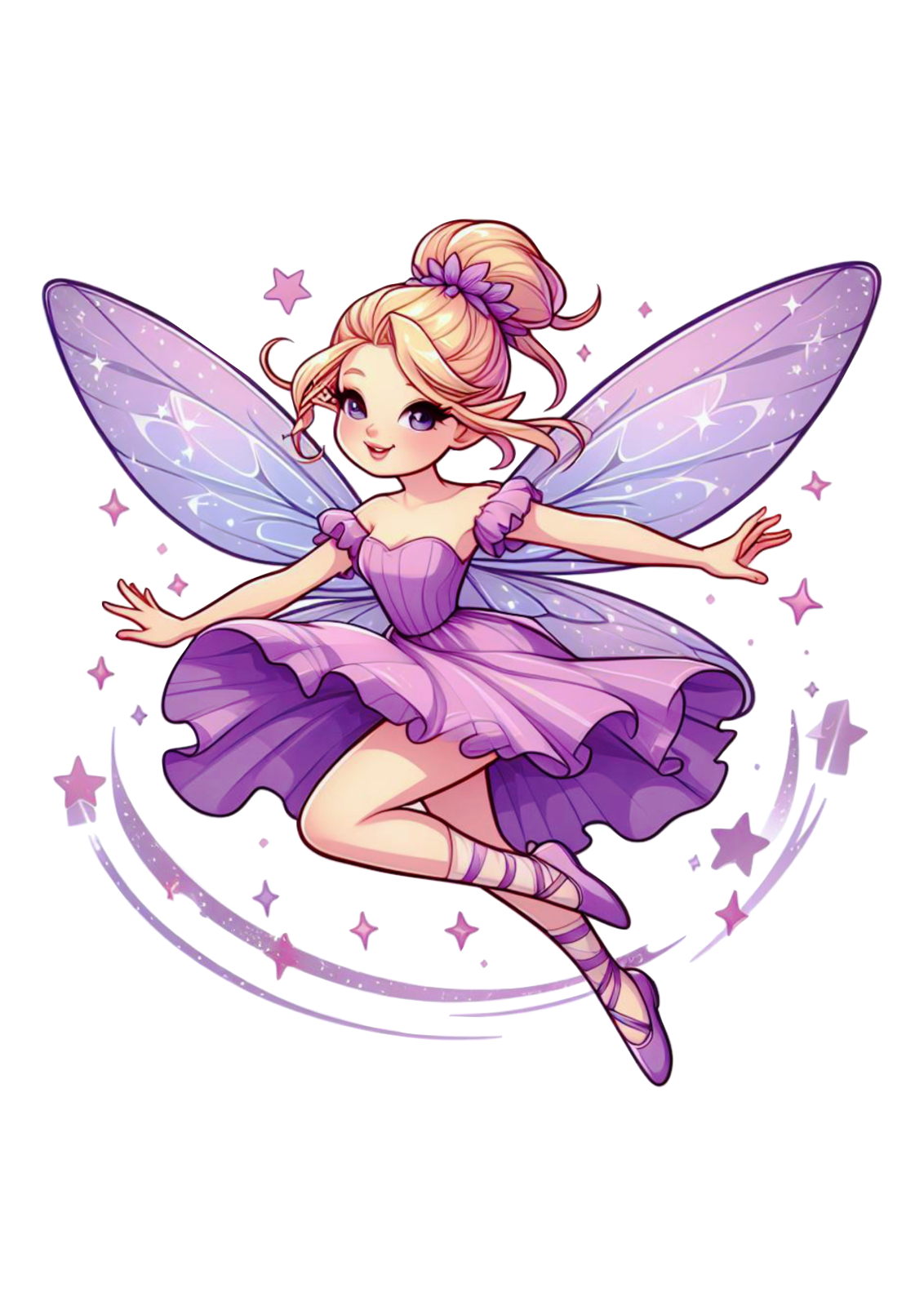 a cute little fairy in purple dress with stars around her