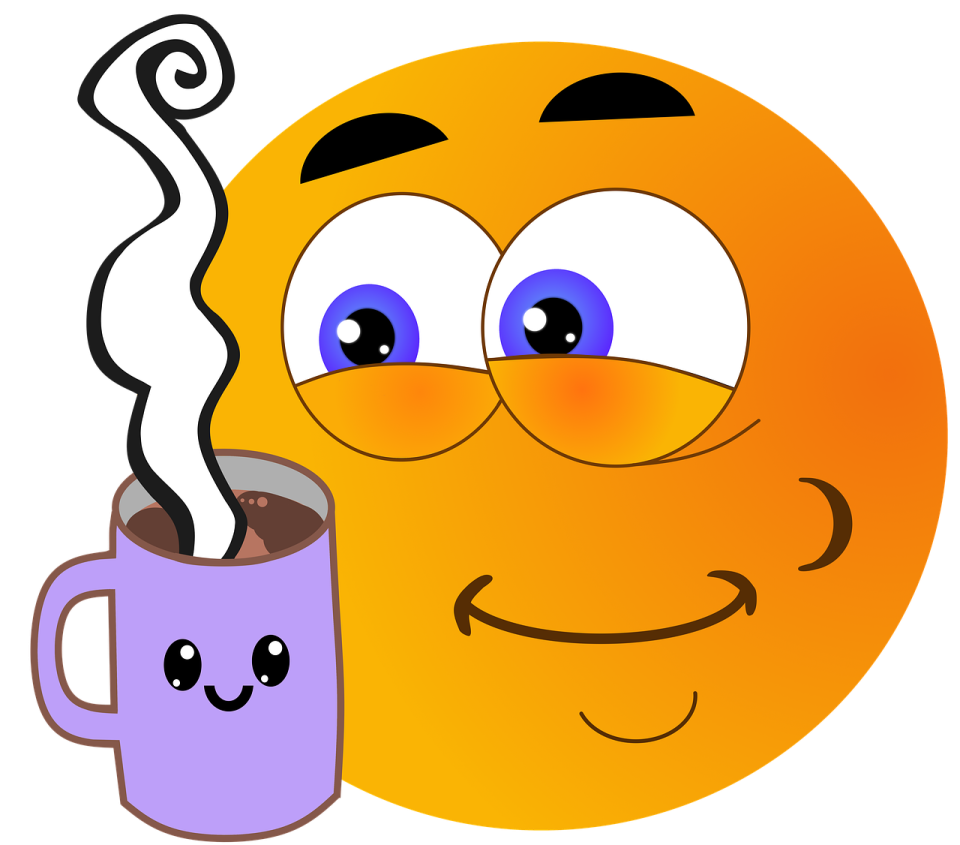 a smiley face holding a cup of coffee